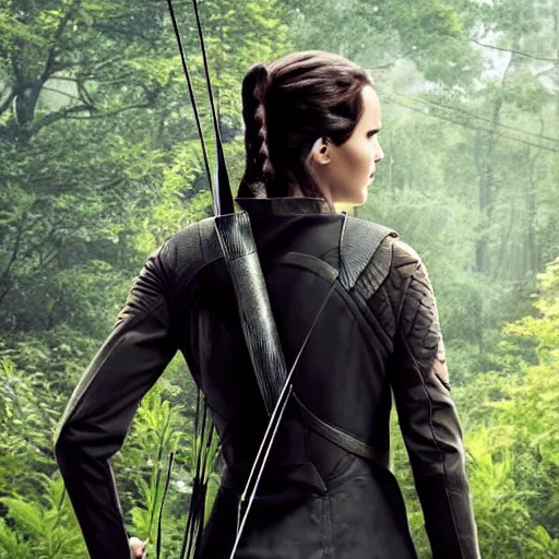 Image similar to Katniss action pose, view from behind looking over shoulder, quiver on back, firing an arrow, comic book cover style