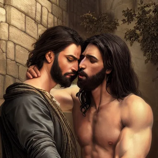 Prompt: jesus kissing a sensual muscular man in jerusalem, elegant, highly detailed, digital painting, artstation, concept art, matte, sharp focus, highly detailed, 4 k, hdr, smooth, sharp focus, high resolution, award - winning photo, photorealistic, art by artgerm and greg rutkowski and alphonse mucha, large shot