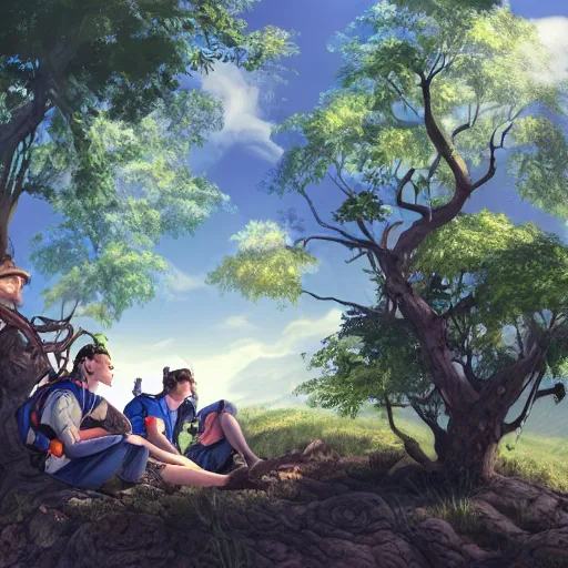 Prompt: three cartographers resting under a massive tree, theodolite, high fantasy, vivid colors, digital illustration, wide sky, sharp focus, highly detailed, intricate, studio quality, trending on artstation