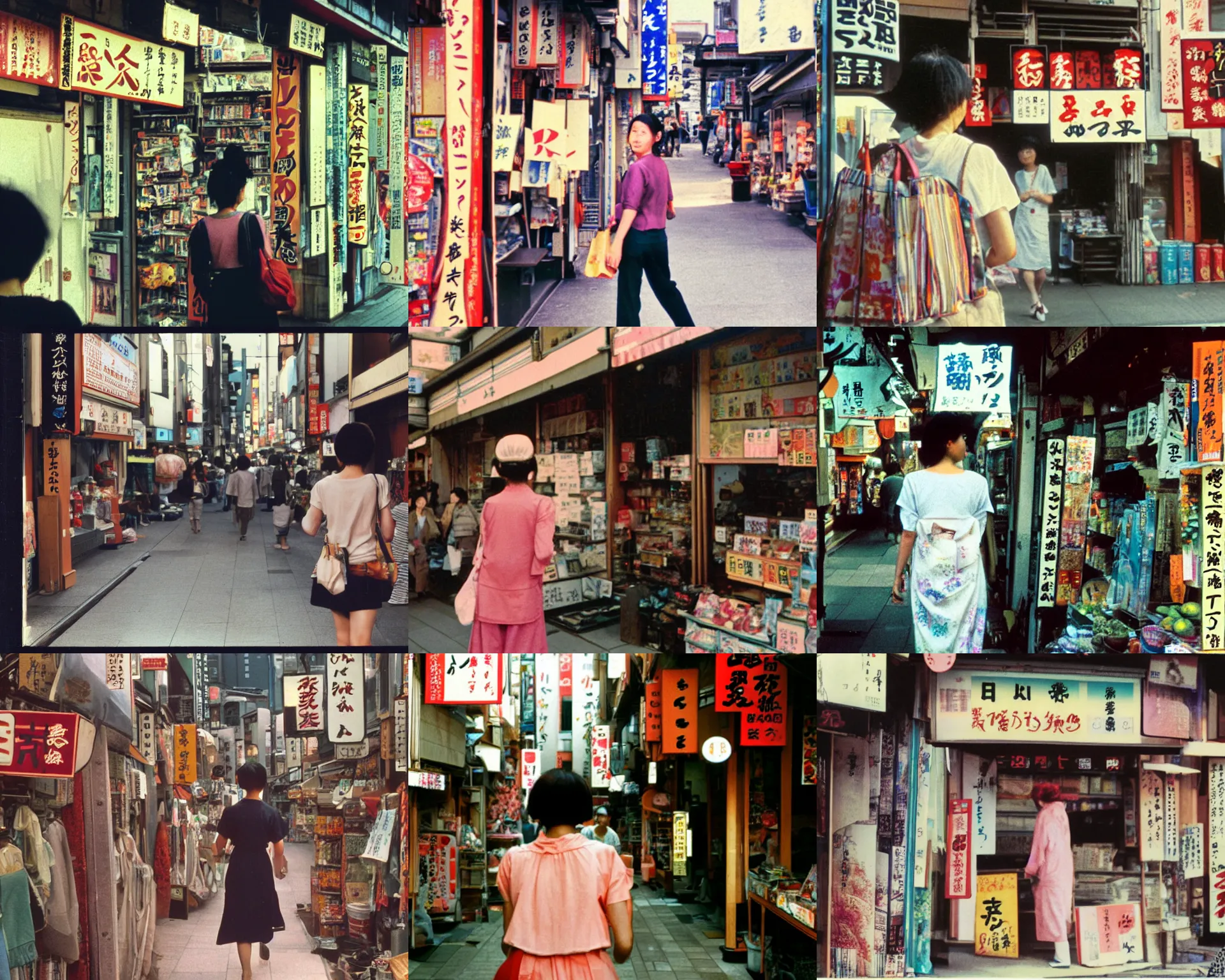 Prompt: home video footage, view from behind, a woman in market district in japan ; daylight, summer, color vhs picture quality
