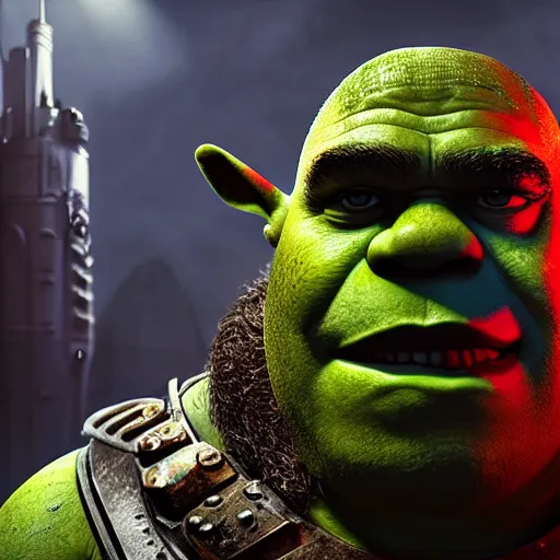 Prompt: portrait of shrek as the emperor of humanity from warhammer 4 0 k in gears of war, splash art, movie still, detailed face, photorealistic facial features, cinematic lighting, dramatic, octane render, long lens, shallow depth of field, bokeh, anamorphic lens flare, 8 k, hyper detailed, 3 5 mm film grain
