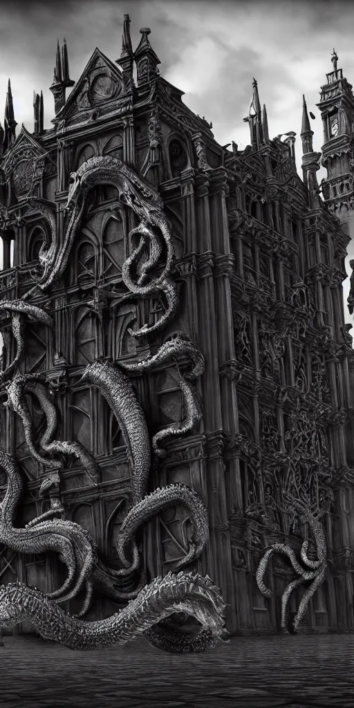 Prompt: extra wide view. Kraken. marvellous magic. Ominous. Gothic medieval baroque. Dry ground cracks. Hyper-detailed. Hyperreal. Unreal render.