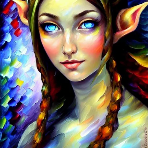 Image similar to highly detailed portrait of an elven fairy, high quality oil painting artstyle, in the style of leonid afremov, deviantart, figurative art, deviantart, ilya kuvshinov, lovecraftian, very detailed face, portrait