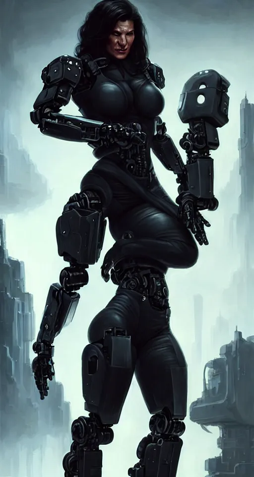 Image similar to gina carano as an ork with robotic left arm, casual black clothing, muscular, realistic proportions, casual pose, large portrait, cyberpunk, shadowrun, rpg character, digital painting, artstation, concept art, smooth, 8 k frostbite 3 engine, ultra detailed, art by artgerm and greg rutkowski and magali villeneuve