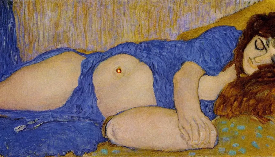 Prompt: woman with blue dress laying on the bed, by pierre bonnard