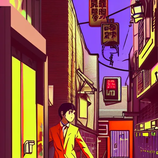 Prompt: salary man in small alley in golden gai, vaporwave nostalgia, commodore 6 4, visual novel cg, 8 0 s anime vibe, kimagure orange road, maison ikkoku, trending on artstation