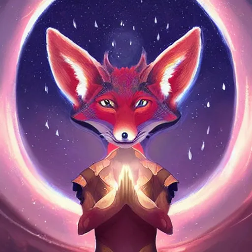 Prompt: a painted avatar portrait of an awesome cosmic powerful anthropomorphic kitsune fox mage themed around death and the stars and the cosmos, in the style of dnd beyond avatar portraits, beautiful, artistic, elegant, lens flare, magical, lens flare, nature, realism, stylized, art by jeff easley