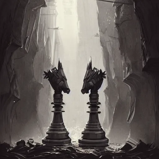 Image similar to two chess pieces fighting, the knight and the bishop on a wood chess board , fantasy art, in the style of greg rutkowski, illustration, epic, fantasy, intricate, hyper detailed, artstation, concept art, smooth, black and white, sharp focus, ray tracing