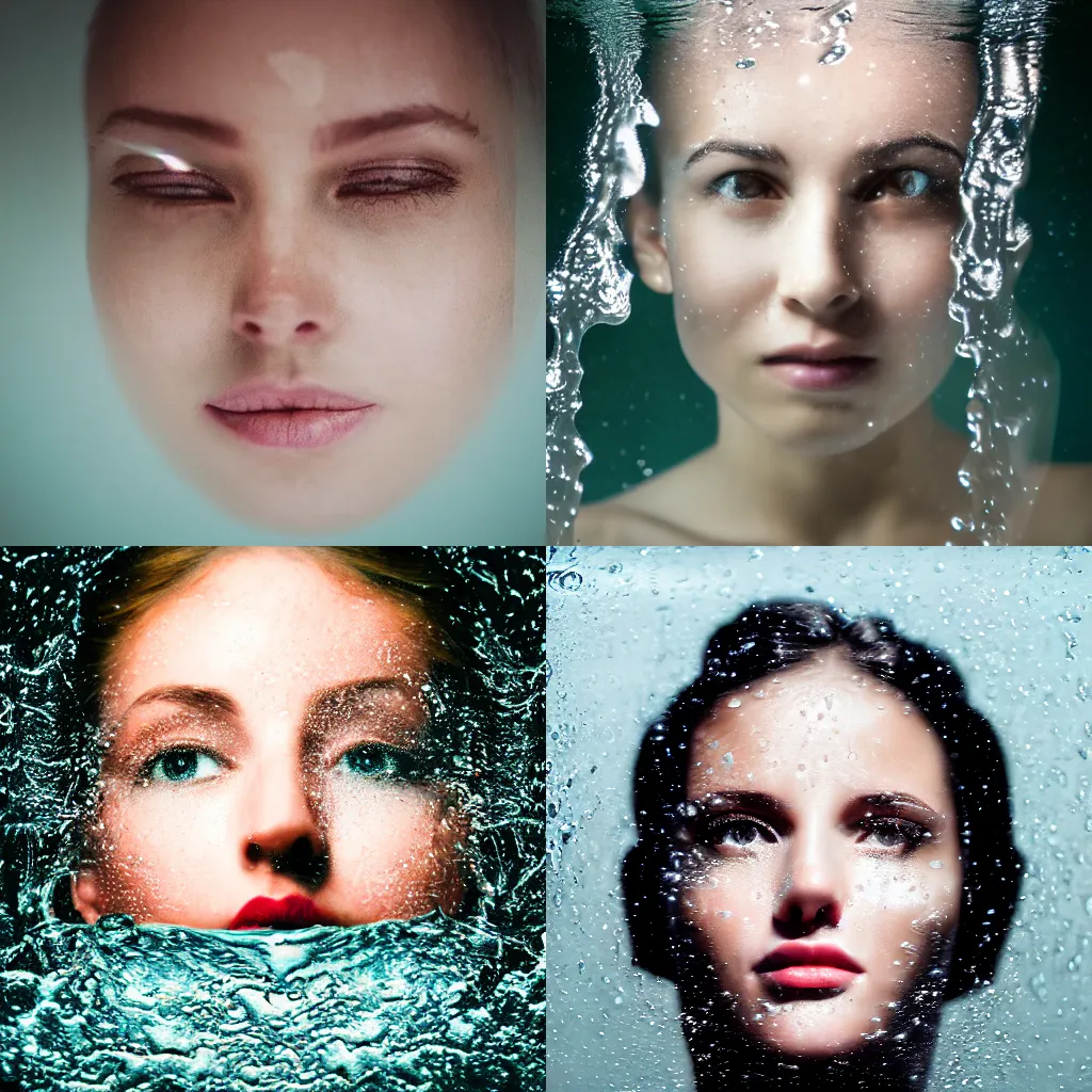 Prompt: portrait photography of a woman's face floating in translucent opaque water. kodak. hq.