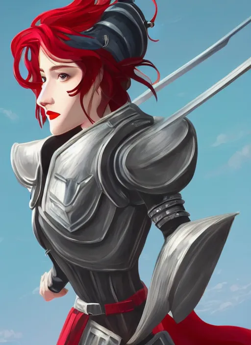 Image similar to a young woman in full plate armor with beautiful hair and red lips stages in a dramatic pose. she is a knight. clean cel shaded vector art. shutterstock. behance hd by lois van baarle, artgerm, helen huang, by makoto shinkai and ilya kuvshinov, rossdraws, illustration, art by ilya kuvshinov