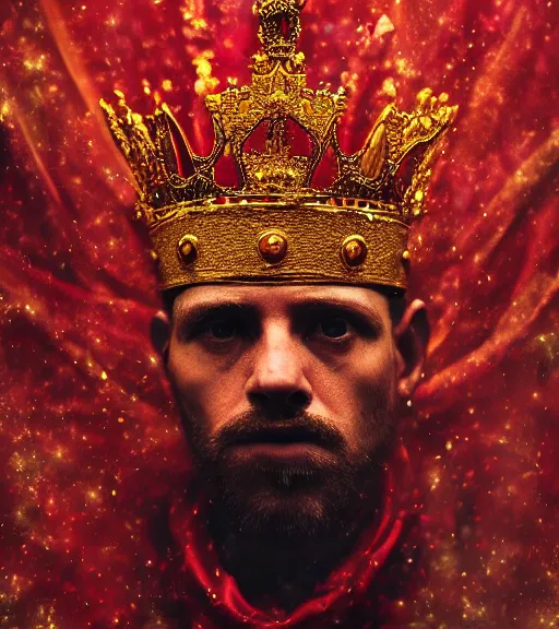 Image similar to 'Portrait of Crowned King Arthur' by Lee Jeffries royally decorated, whirling plasma, atmospheric motes, red and gold Sumptuous garb, gilt silk fabric, radiant colors, fantasy, perfect lighting, studio lit, micro details,