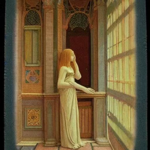 Image similar to a goddess in a liminal room, polaroid by leon battista alberti, limited color palette, very intricate, art nouveau, highly detailed, lights by hopper, soft pastel colors, minimalist