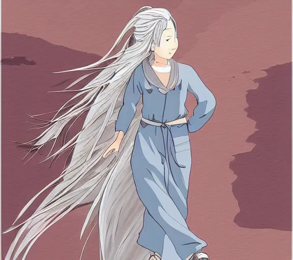 Prompt: beautiful silver hair young woman walking up Mount Fuji in the style of studio ghibli and manga