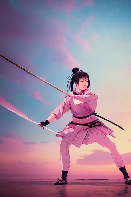 Prompt: highly detailed beautiful photo of a young female samurai, practising sword stances, symmetrical face, beautiful eyes, pink hair, realistic anime art style, 8 k, award winning photo, pastels colours, action photography, 1 / 1 2 5 shutter speed, sunrise lighting, art by studio ghibli