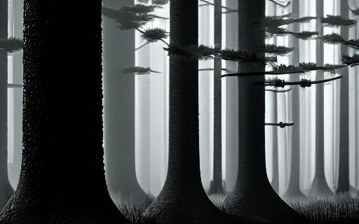 Prompt: black and white drawing of a cyborg forest, trees looks like robots, rim light, cinematic, studio dramatic light, poetic, surreal mythical dreamy dark artistic masterpiece, octane render, 8 k, photo