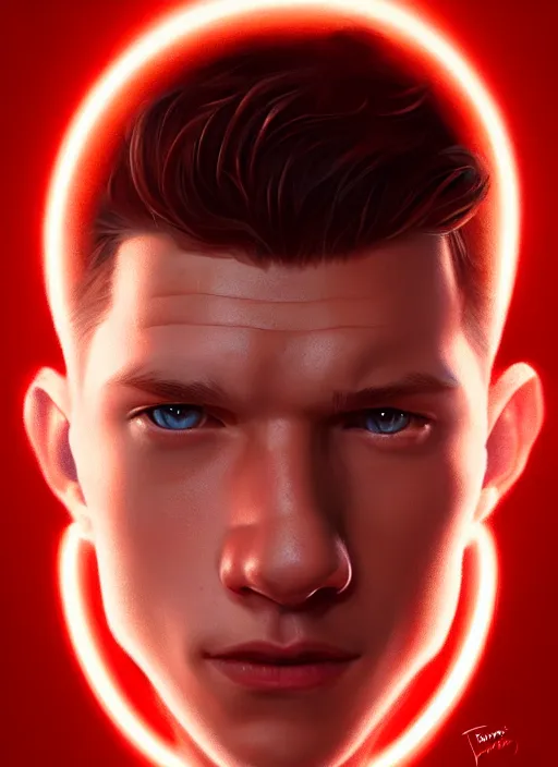 Image similar to portrait of tom holland with hazel eyes, hazel colored eyes, red shirt, intricate, elegant, glowing lights, highly detailed, digital painting, artstation, concept art, smooth, sharp focus, illustration, art by wlop, mars ravelo and greg rutkowski