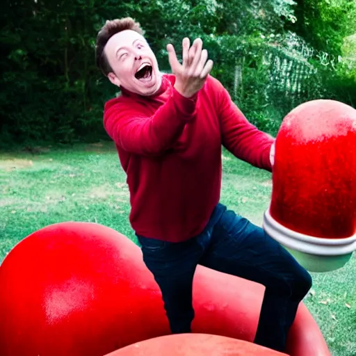Image similar to portrait photo of elon musk finding a giant red mushroom, exhilarated, portrait, closeup. mouth open, 30mm, bokeh