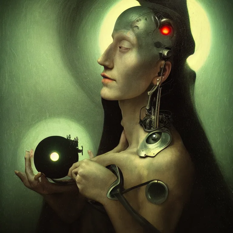 Image similar to portrait of cyborg witch by hieronymus bosch, soft grainy bloom lucid dream - like atmosphere, harsh flash photo, baroque portrait painting, perfect composition, detailed octane render trending on artstation, 8 k artistic photography, volumetric cinematic perfect light, chiaroscuro, masterpiece, raphael, caravaggio, beksinski, rutkowski, beeple