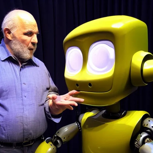 Prompt: caveman talking to a robot, award - winning photo