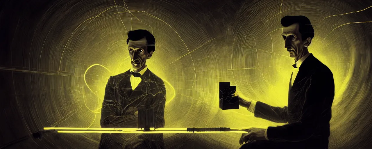 Prompt: duotone dark illustration 3 / 4 portrait of nikola tesla with wireless lightbulbs conducting experiments in wardenclyffe tower. cinematic lighting. golden ratio accidental renaissance. by sachin teng and sergey kolesov and ruan jia and heng z. graffiti art, scifi, fantasy, hyper detailed. octane render. concept art. trending on artstation