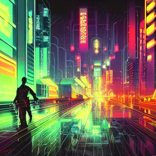 Image similar to cyber punk, futuristic, neo Tokyo, blade runner city concept art, in the style of Syd Mead, award winning illustration, neon lights, raining