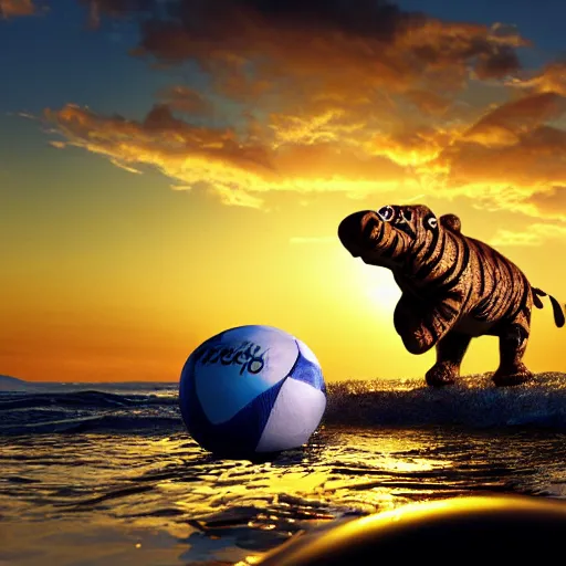 Image similar to a closeup photorealistic photograph of a cute smiling knitted tiger hippopotamus chasing a beachball at sunset. surf in the background. professional capture. this 4 k hd image is trending on artstation, featured on behance, well - rendered, extra crisp, features intricate detail, epic composition and the style of unreal engine.