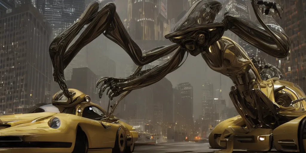 Image similar to low - angle medium shot of a bug space alien from the future on the first day of driver's ed learns to parallel park. 8 k, 4 k, hq, 3 d render, digital art, dramatic lighting, comedy, science fiction, hyper realistic, ultra detailed. style of fifth element ( film )