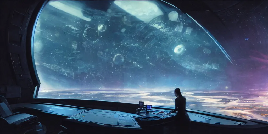Prompt: Looking out the circular window in the massive sci-fi spaceship full of sophisticated screens and buttons, in the dark universe, by James Gurney, John Harris, Michael Whelan, Hajime Sorayama, first-person view, Volumetric lighting, dramatic lighting, photorealistic, cinematic lighting, high detail, cinematic feel, high octane, 4K, Unreal Engine, digital render, intricate, ultra realistic, concept art