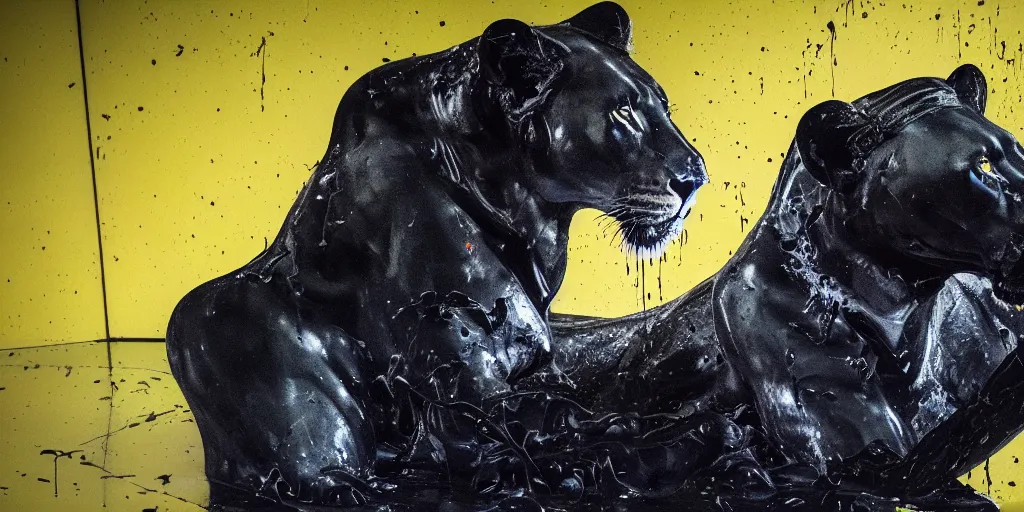 Image similar to the smooth black lioness, made of smooth black goo, in the zoo exhibit, viscous, sticky, full of black goo, covered with black goo, splattered black goo, dripping black goo, dripping goo, splattered goo, sticky black goo. concept art, painting, reflections, black goo, zoo, exhibit