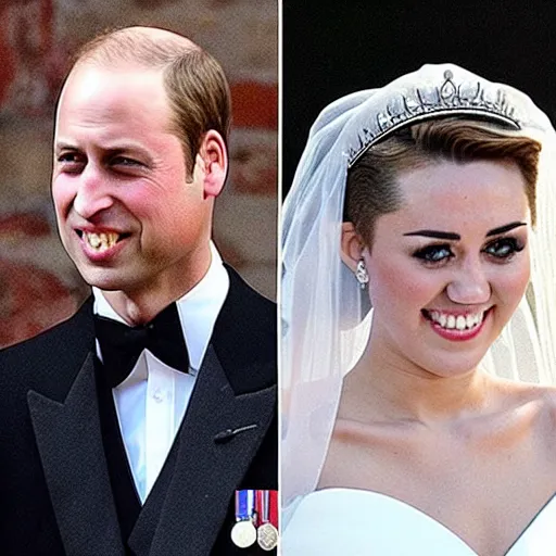 Prompt: photos of the duke of cambridge prince william marrying american singer miley cyrus, happy couple, human faces, official photos, wedding photo, royal wedding, photos trending on twitter, trending photo on instagram