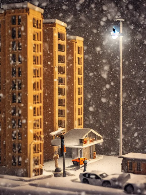 Image similar to mega detailed miniature diorama a soviet residential building, brutalism architecture, suburban, warm lights are on in the windows, man lies in the snow, dark night, fog, winter, blizzard, cozy and peaceful atmosphere, row of street lamps with warm orange light, several birches nearby, 1 9 9 0