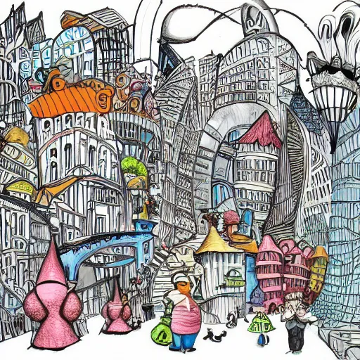 Prompt: fanciful city filled with curvy buildings, by dr seuss, the lorax,, arches, platforms, towers, bridges, stairs, colorful kids book illustration, oh the places you'll go