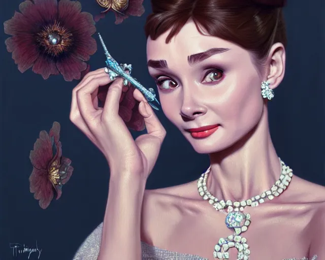 Image similar to photography of audrey hepburn in breakfast at tiffany's, deep focus, intricate, elegant, highly detailed, digital painting, artstation, concept art, matte, sharp focus, illustration, art by artgerm and greg rutkowski and alphonse mucha