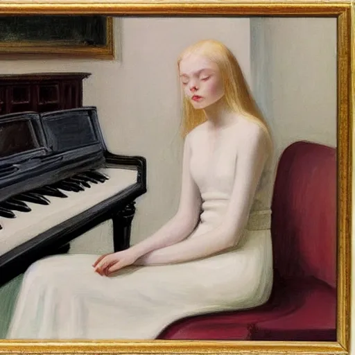 Image similar to Painting of Elle Fanning playing the piano, long blonde hair, delicate, pale milky white porcelain skin, by Edward Hopper. 8K. Extremely detailed.