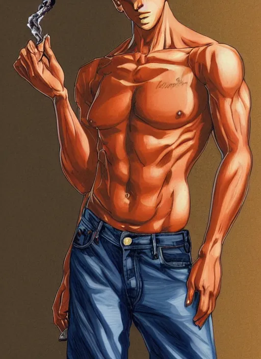 Image similar to Portrait of Onizuka from GTO wearing jeans and no tshirt, masculine and muscular, smoking a cigarette, intricate body, whole body highly detailed, digital painting, artstation, concept art, smooth, sharp focus, illustration, art by Hajime Sorayama