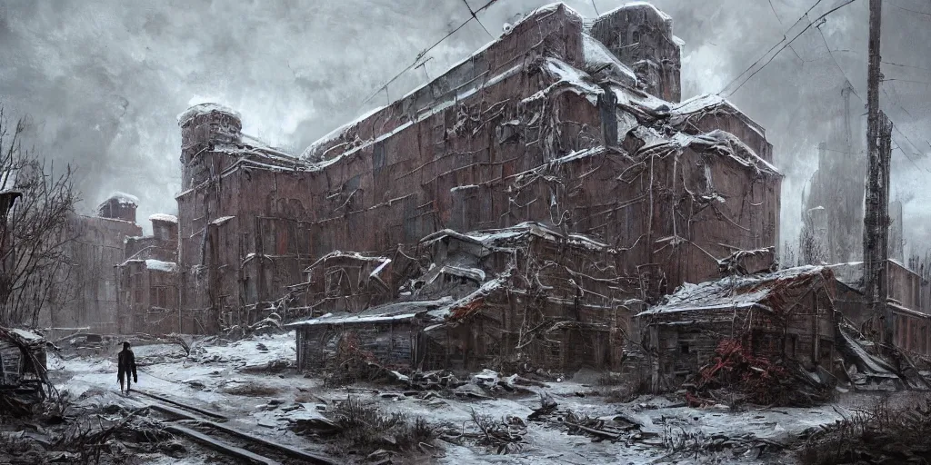 Prompt: A ghoul roaming an abandoned russian factory as concept art for Metro Exodus, winter season, abandoned, ruined buildings, oil painting, painting by Viktor Vasnetsov, concept art, fantasy cityscape, brutalist architecture, painting by Ivan Shishkin, hyperborea, high resolution, trending on artstation,