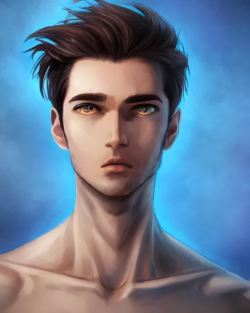 Prompt: face of a masculine 3 0 year old man empeoror with thin face lines, have mi - long brown hair and blue eyes ( completely blue, without white, just blue ), very beautiful portrait, low angle, realistic anime style and perfect art, trending on artstation, good and dramatic lighting