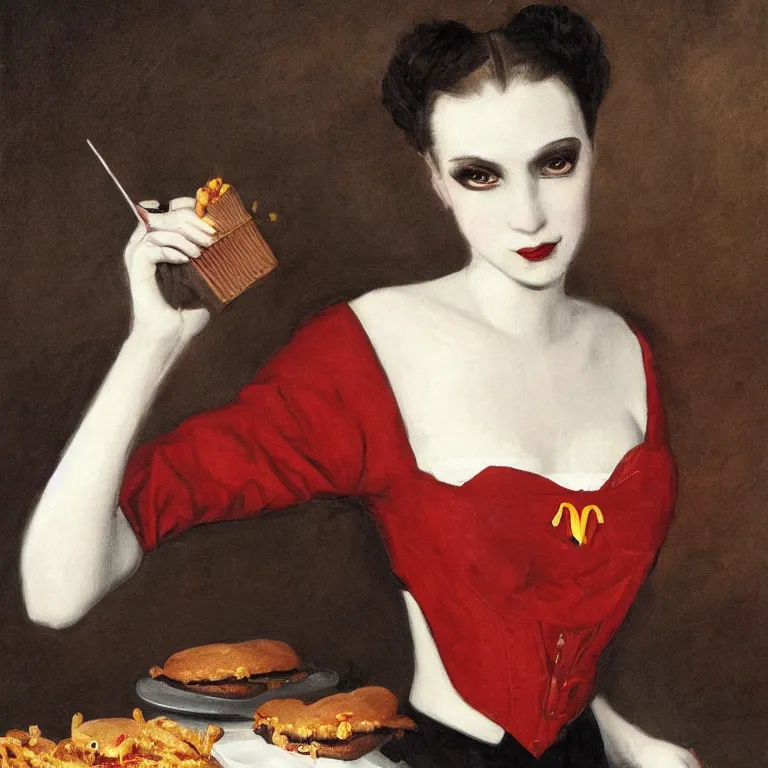 Image similar to portrait of a beautiful and grim vampire queen wearing a mcdonalds uniform serving customers by William-Adolphe Bouguerea