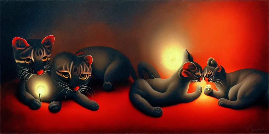 Prompt: ocelots in love, in the style of leonora carrington, gottfried helnwein, intricate composition, blue light by caravaggio, insanely quality, highly detailed, masterpiece, red light, artstation