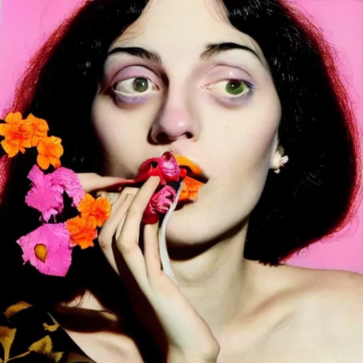 Image similar to a studio close - up portrait of a a fashion model smelling a plastic toy flower. surreal photograph, lo - fi, polished look, silly and serious, hermes ad, fashion photography, toiletpaper magazine by pierpaolo ferrari and maurizio cattelan, 3 5 mm photograph, colourful, by pierpaolo ferrari, maurizio cattelan, david lachapelle