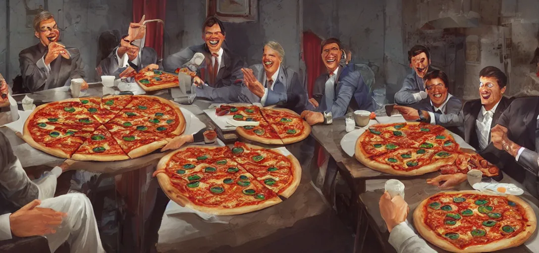 Image similar to business men eating a pizza, 80s style, smiling maniacally, 8k, james gurney, greg rutkowski, john howe, artstation