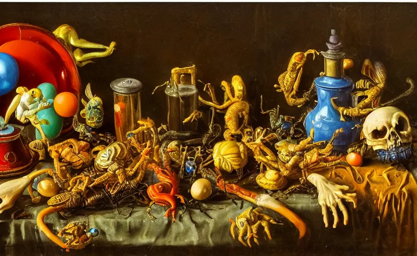 Image similar to disturbing colorful oil painting dutch golden age vanitas still life with bizarre objects strange gooey surfaces shiny metal bizarre insects rachel ruysch dali todd schorr very detailed perfect composition rule of thirds masterpiece canon 5 0 mm, cinematic lighting, photography, retro, film, kodachrome