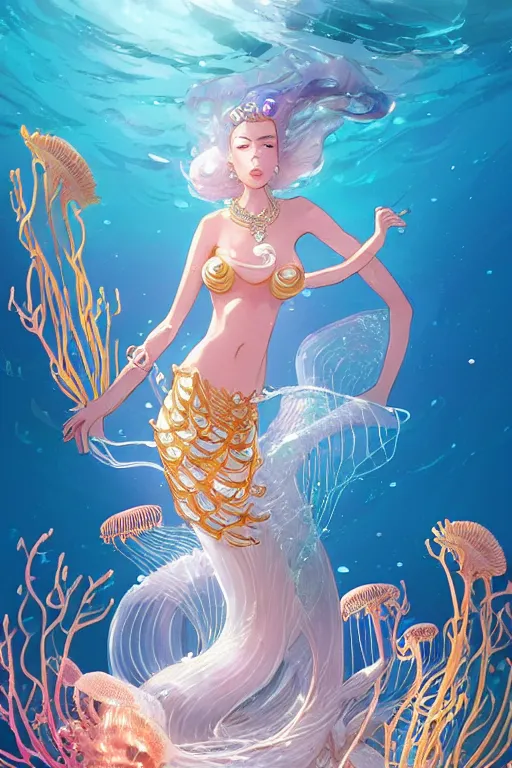 Prompt: a beautiful mermaid queen of the ocean in the middle of coral reefs, pearl and gold and crystal jewelry, complex and shiny dress inspired by jellyfish, by ross tran and atey ghailan, by greg rutkowski, by greg tocchini, by james gilleard, by joe fenton, by kaethe butcher, dynamic lighting, grunge aesthetic