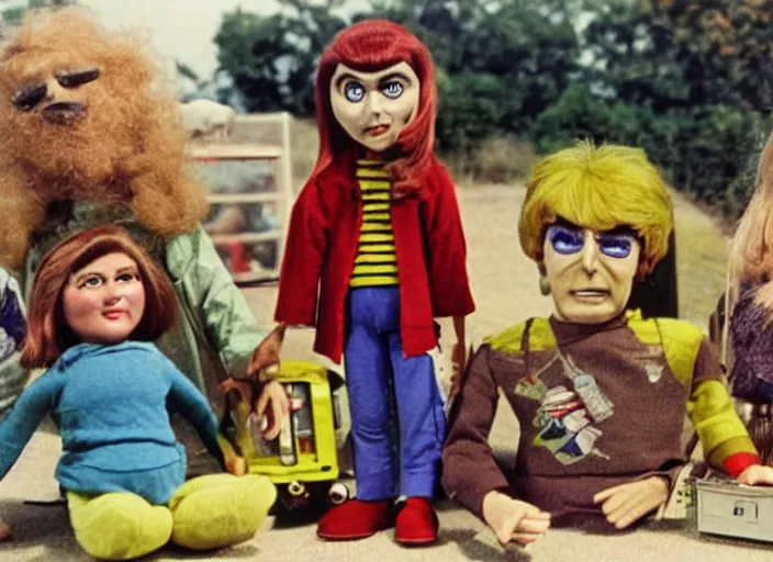 Image similar to a scene from a 1 9 7 0 s british kids tv programme by the bbc and gerry anderson, puppets, supermarionation, vhs distortion, folk horror, hauntology