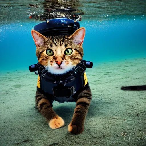 Image similar to cat wearing diving suit swimming in a river, 8k photograph, cat photography