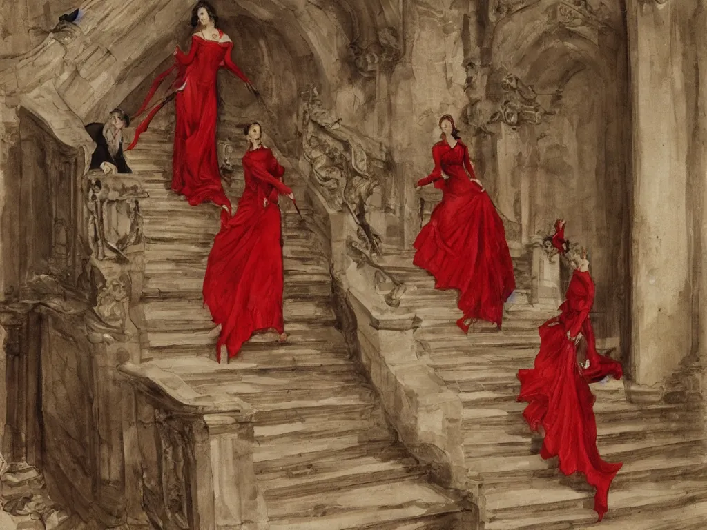 Image similar to An impressive castle entrance, a beautiful woman wearing a red dress, coming down the stairs, sided by two fierce Dobermans, painted by Desiderio Monsu