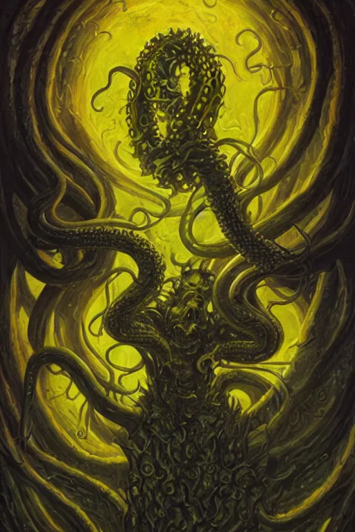 Image similar to Hastur drinking a can of Natural Light Beer, character art, concept art, painting by Gerald Brom, the king in yellow, eldrich tentacle monster