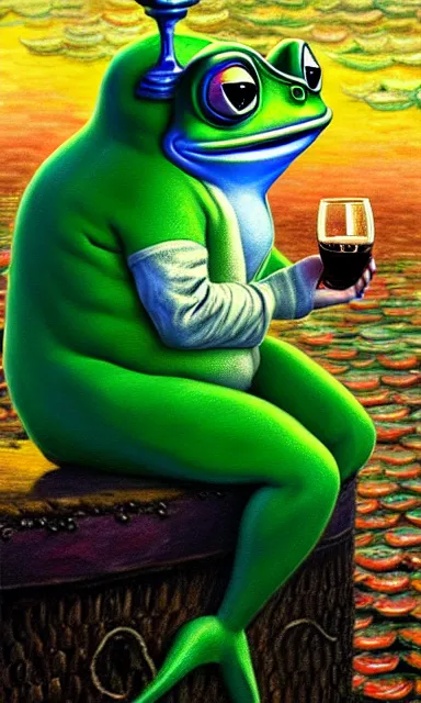 Prompt: Distinguished merman Pepe the Frog drinking the finest whiskey in a glass, Algae. Trending on ArtStation and Pixiv. A vibrant digital oil painting. A highly detailed fantasy character illustration by Wayne Reynolds and Charles Monet and Gustave Dore and Carl Critchlow and Bram Sels