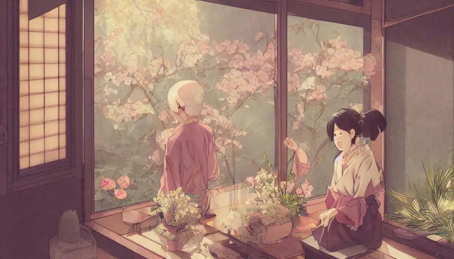 Image similar to old japanese giving flowers to his wife, japanese house, light through windows, romantic, manga, artists, hyperdetailed, artstation, cgsociety, 8 k