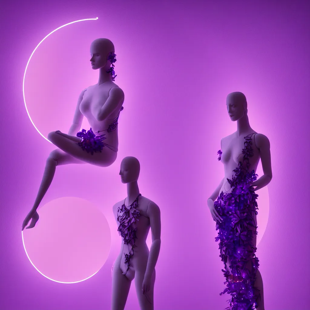 Image similar to beautiful mannequin sculpted out of amethyst by billelis + lit with 3 d geometric neon + facing a doorway opening with neon pink geometric fractal light + flowering hosta plants!!!, moon in background!, rule of thirds, clean linework, dramatic, award winning, 4 k, trending on artstation, photorealistic, volumetric lighting, octane render